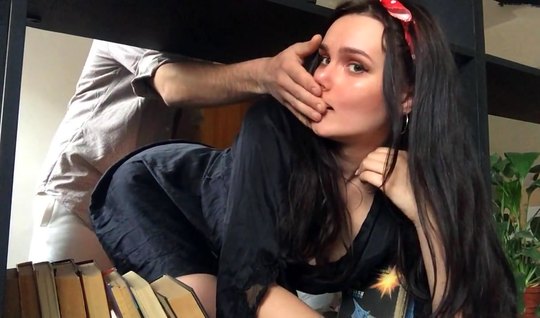 A guy with a brunette on camera is shooting homemade porn in a pose of cancer